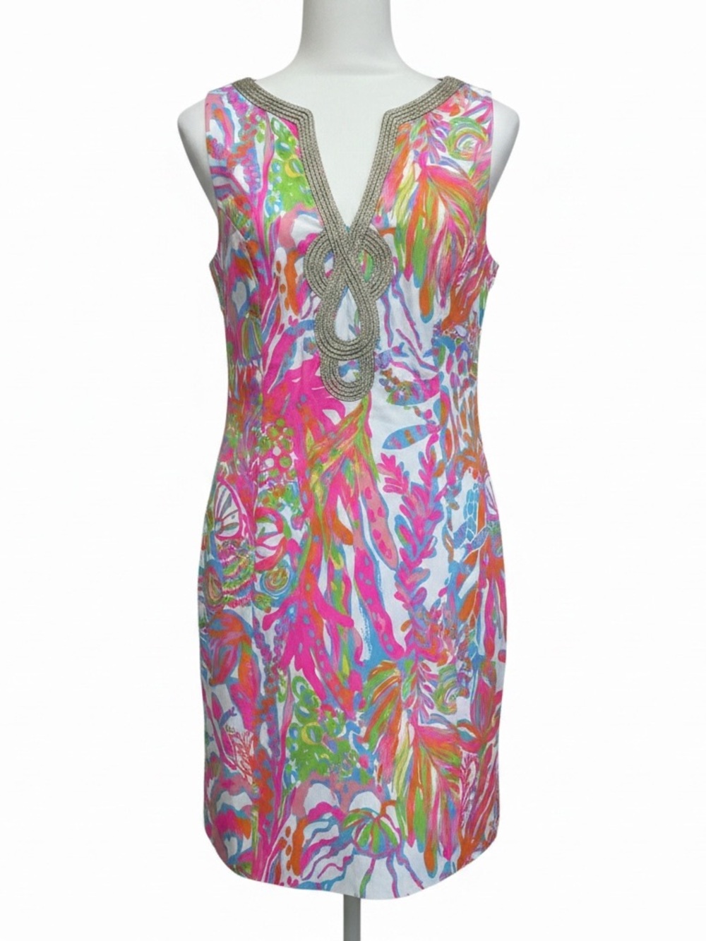 Lilly Pulitzer Bright Tropical Print Shift Dress | Size 12 | Gold Trim